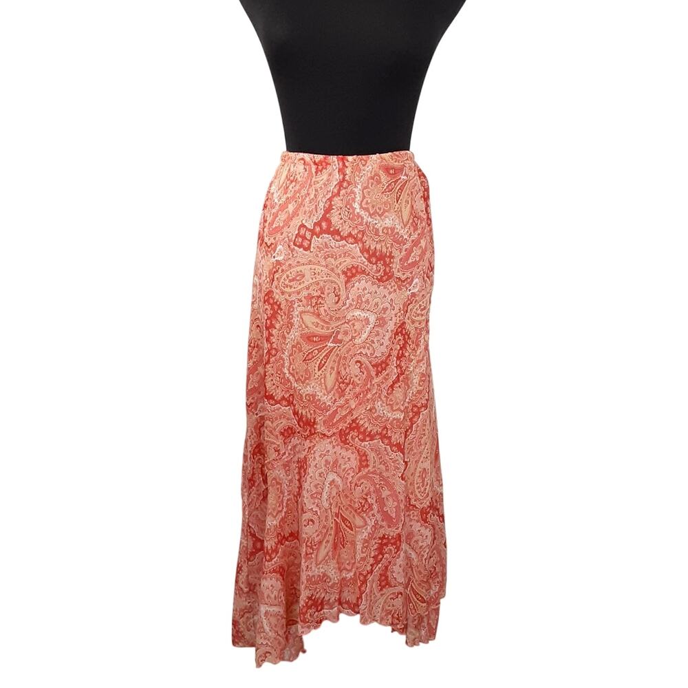 Vintage Y2K Tulip Skirt Handkerchief Hem Midi Skirt Chiffon Sheer Paisley Sz 10